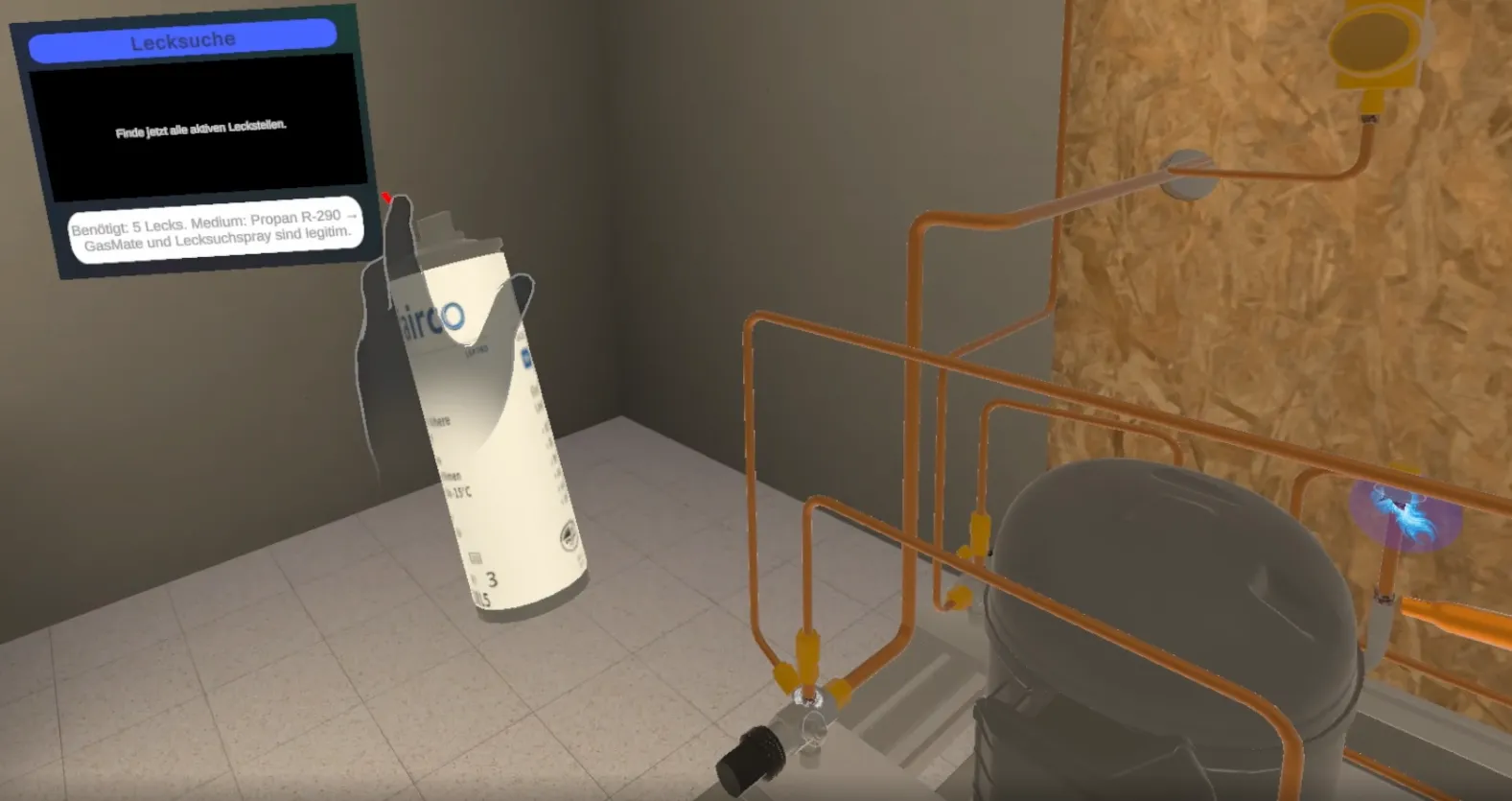 Screenshot der virtuellen Lecksuche an einer Kälteanlage in XR2ACH
